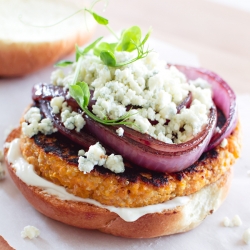 Sweet Potato and Quinoa Burgers with Caramelized Onions and Blue Cheese | Fork Knife Swoon