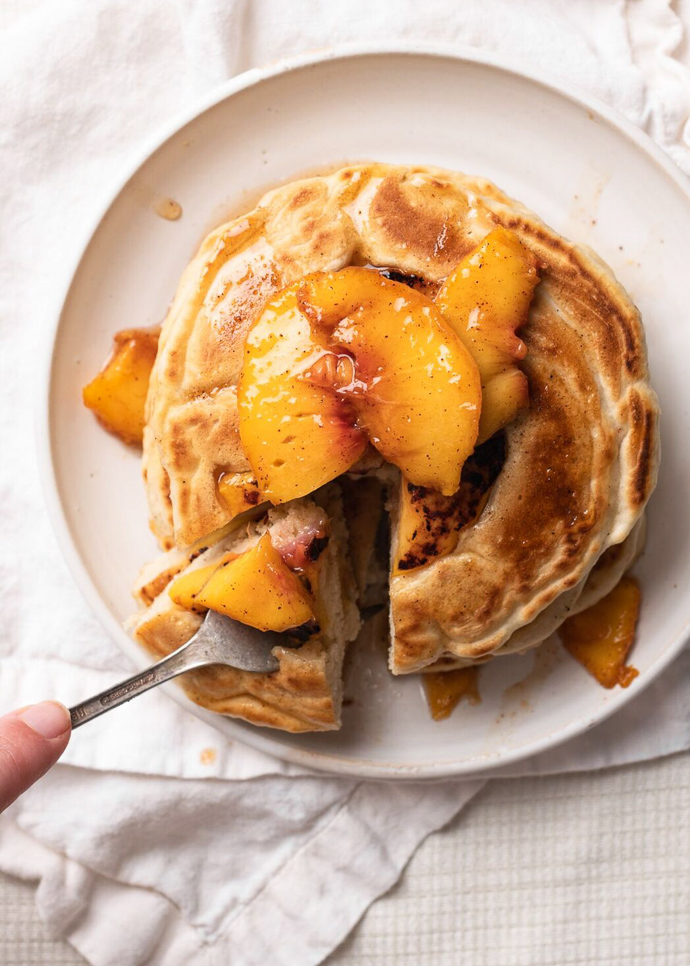 Fluffy Homemade Maple Peach Pancakes via forkknifeswoon.com