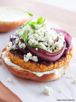 Sweet Potato and Quinoa Burgers with Caramelized Onions and Blue Cheese | Fork Knife Swoon