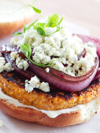 Sweet Potato and Quinoa Burgers with Caramelized Onions and Blue Cheese | Fork Knife Swoon