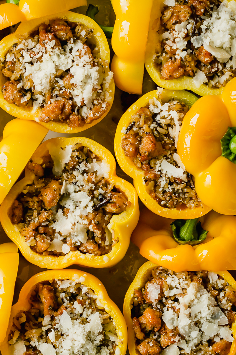 Easy Wild Rice and Sausage Stuffed Peppers with Pesto via forkknifeswoon.com | @forkknifeswoon