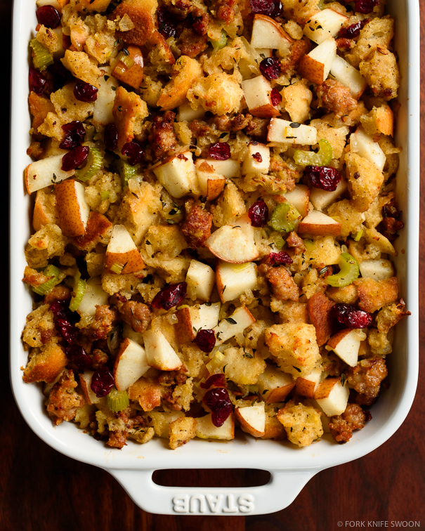 Sourdough Sausage and Pear Dressing/Stuffing with Sage and Cranberries | Fork Knife Swoon @forkknifeswoon