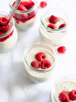 Creamy Vegan Vanilla Chia Pudding with Raspberry Rhubarb Compote | Fork Knife Swoon @forkknifeswoon