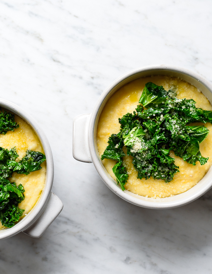 Creamy Goat Cheese Polenta with Sauteed Garlicky Greens: simple comfort food at its finest! via forkknifeswoon.com