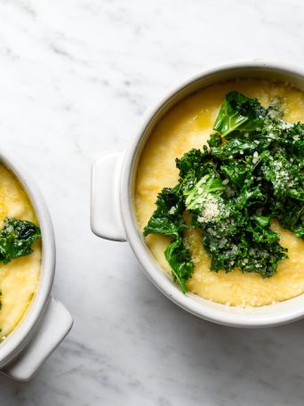 Creamy Goat Cheese Polenta with Sauteed Garlicky Greens: simple comfort food at its finest! via forkknifeswoon.com
