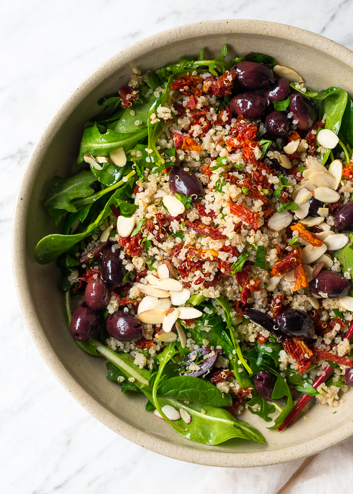 Healthy Mediterranean Quinoa Salad with Spring Greens via forkknifeswoon.com