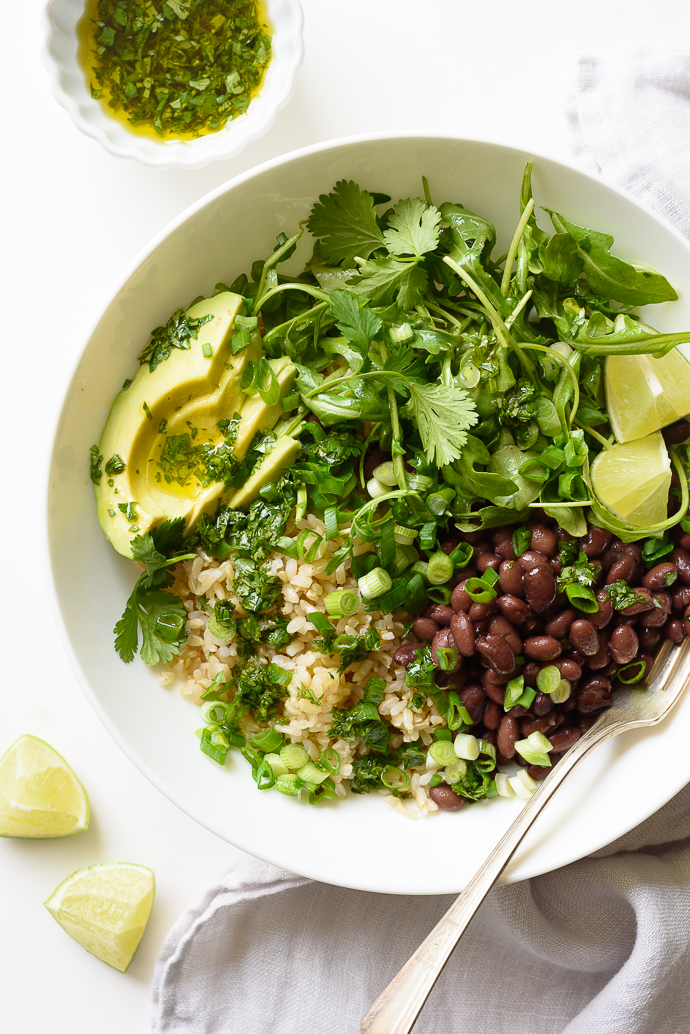 Healthy Black Bean and Rice Burrito Bowls with Cilantro-Lime Vinaigrette | via forkknifeswoon.com