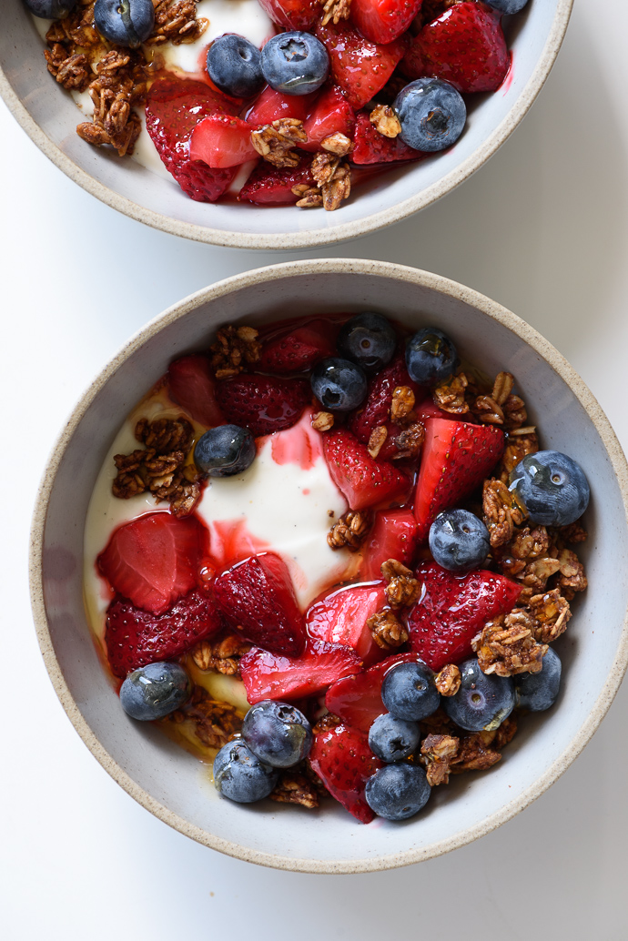 Roasted Strawberry Yogurt Breakfast Bowls with Chocolate-Coconut Granola | via forkknifeswoon.com