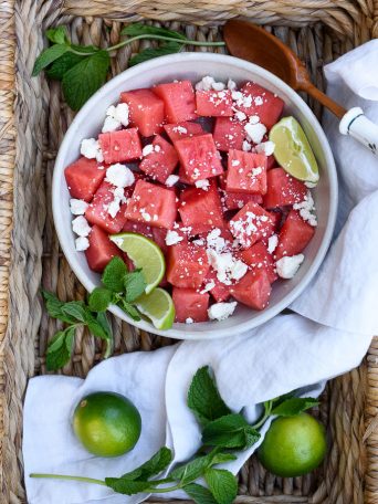 Easy Watermelon Feta Salad with Lime - perfect for Summer! | via forkknifeswoon.com