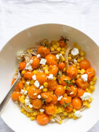 Summer Pasta with Burst Cherry Tomatoes, Corn, and Miso Butter | via forkknifeswoon.com @forkknifeswoon