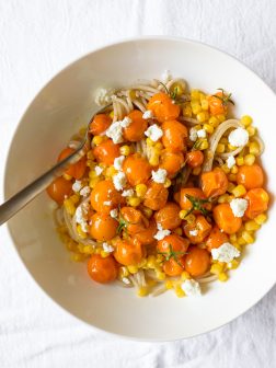 Summer Pasta with Burst Cherry Tomatoes, Corn, and Miso Butter | via forkknifeswoon.com @forkknifeswoon