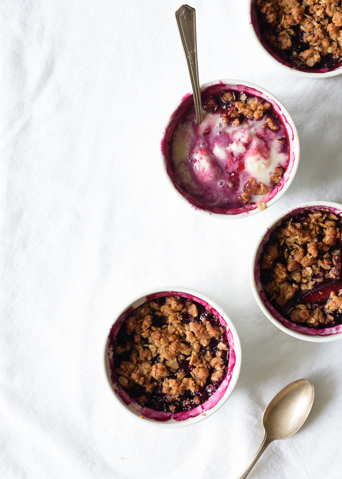 Simple Cardamom Spiced Blueberry Plum Crumbles | via forkknifeswoon.com @forkknifeswoon