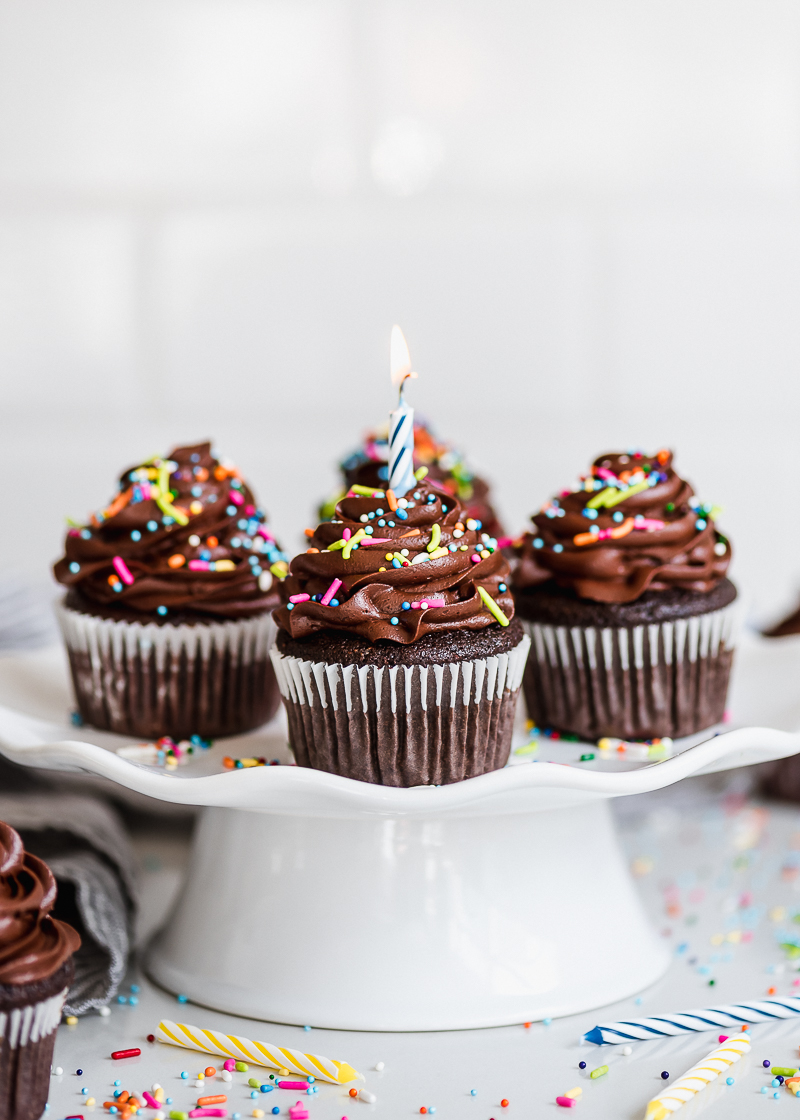 Easy Chocolate Birthday Cupcakes with Chocolate Buttercream Frosting and Sprinkles via forkknifeswoon.com