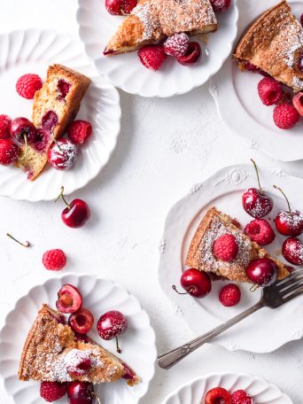 Sweet Cherry Torte with Raspberries via forkknifeswoon.com