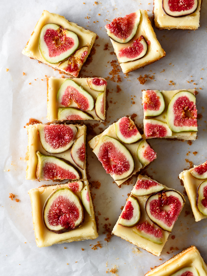 Goat Cheese Cheesecake Bars with Figs and Honey via forkknifeswoon.com
