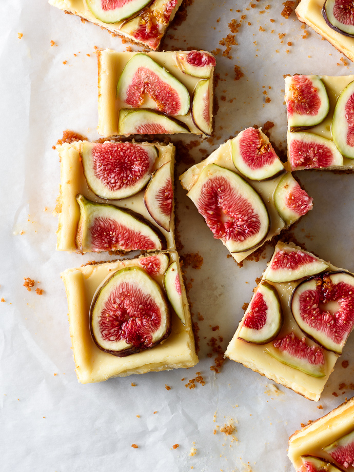 Goat Cheese Cheesecake Bars with Figs and Honey via forkknifeswoon.com