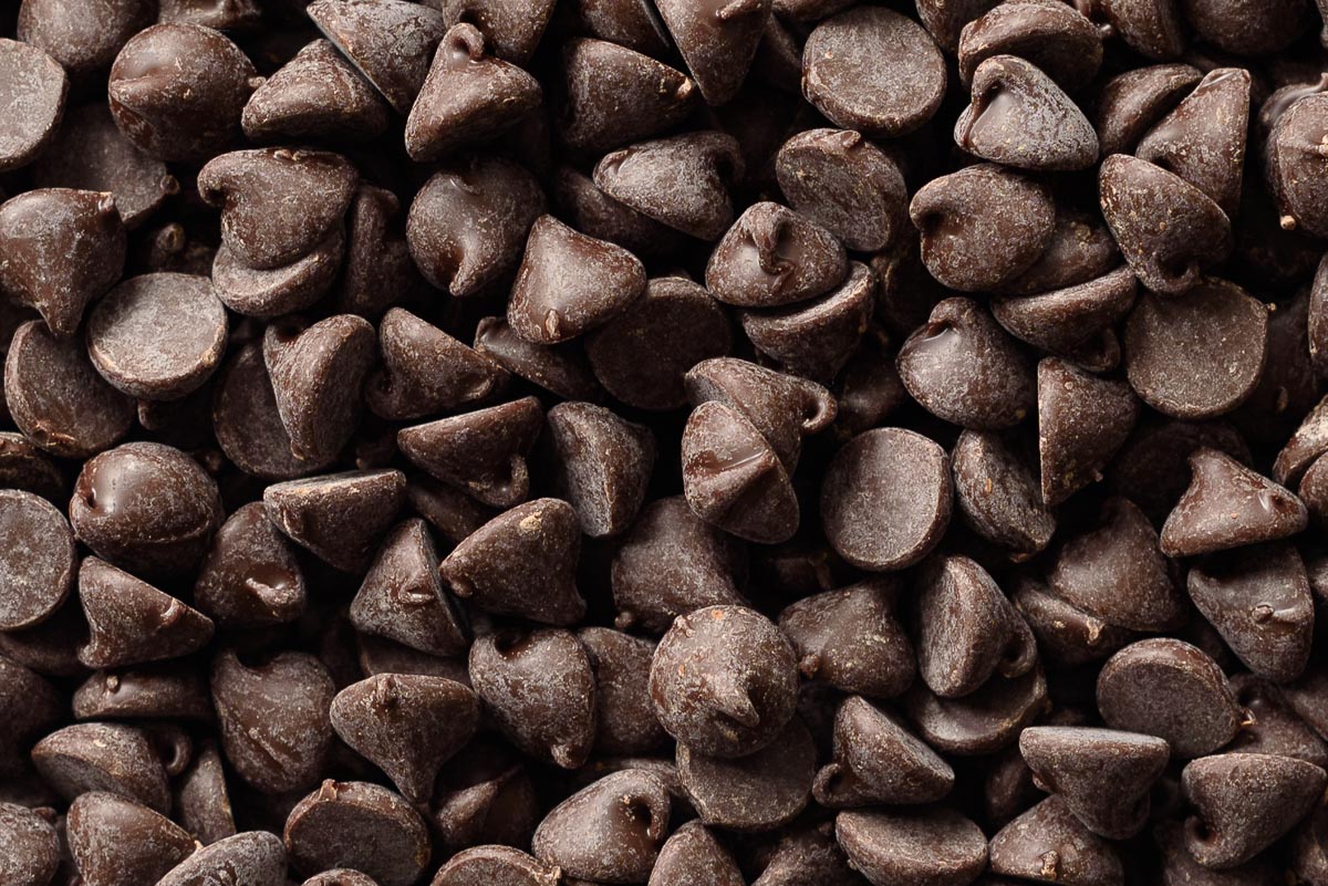 Close up of a pile of dark chocolate chips.