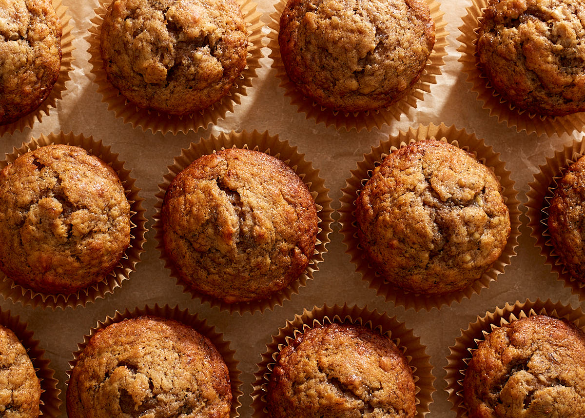 Rows of banana muffins, fresh from the oven.