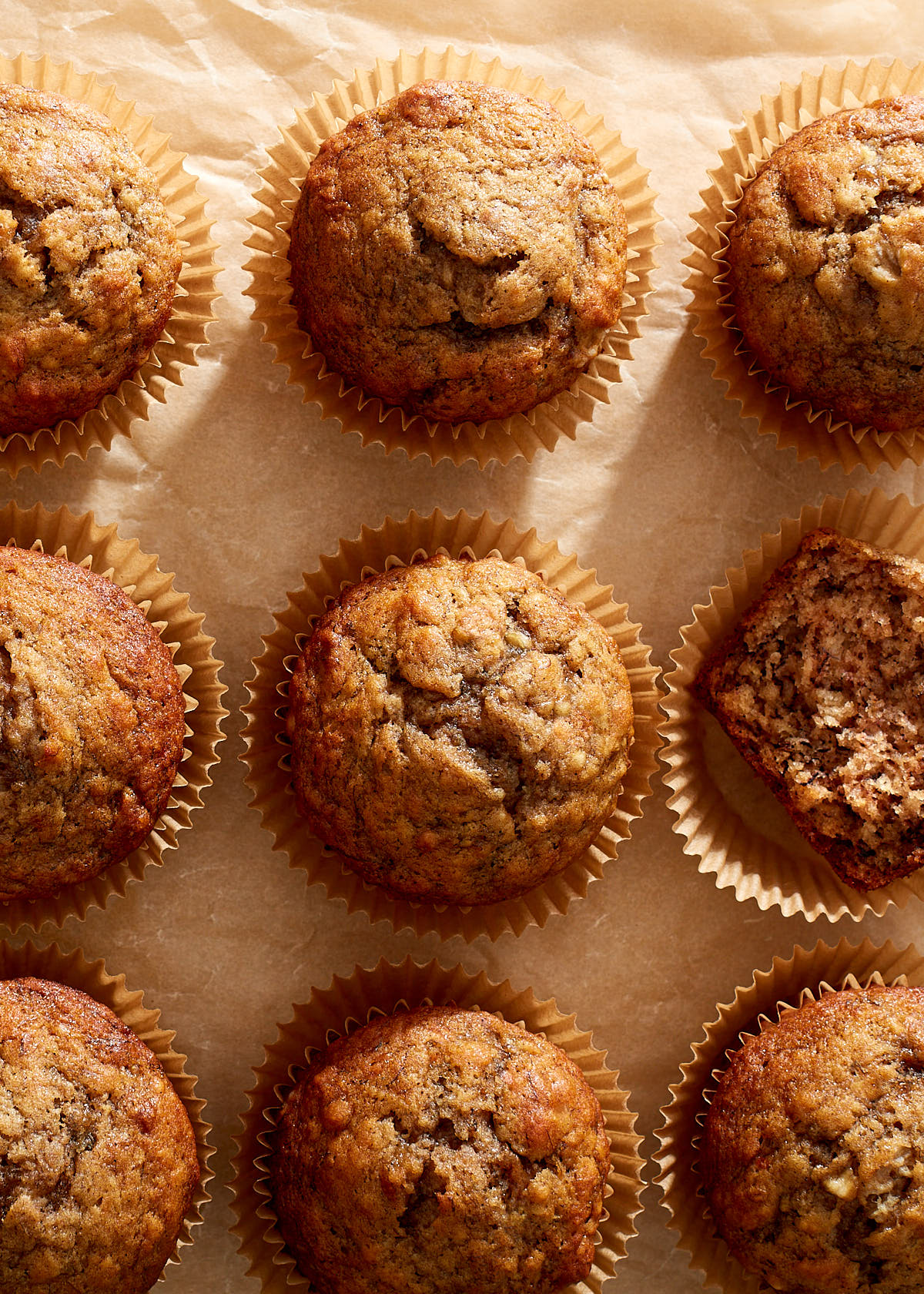 Rows of banana muffins, fresh from the oven.