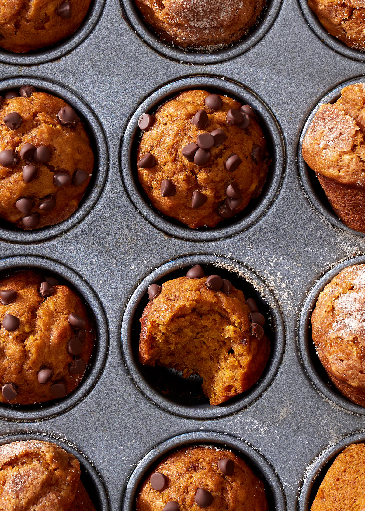Mini pumpkin muffins, topped with cinnamon sugar and chocolate chips, in a muffin tin.